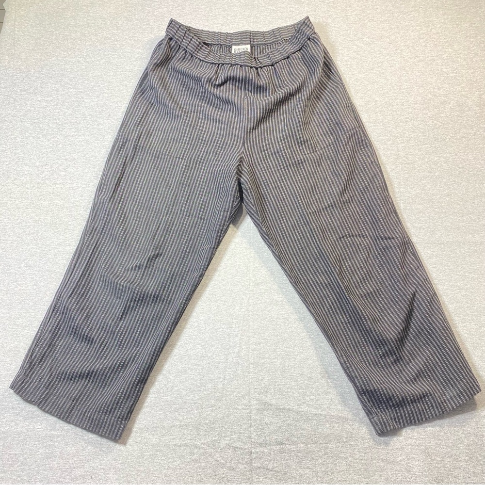 Chico's Design Pull On Striped Pants Womens 2 Black Gray Cropped Wide Leg Career